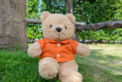 Brown bear wearing orange shirt and sitting in the garden.