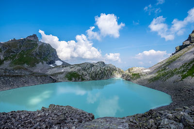 Panoramic view of lake and mountains against blue sky