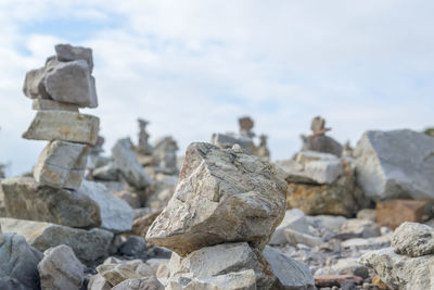 Close-up of stone stack on rock