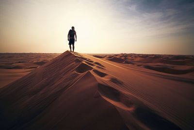 Rear view of man standing on sand dune against sky