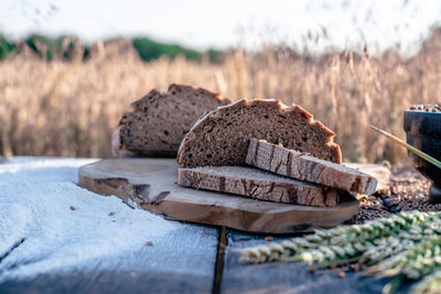 Slices on oat bread in agricultural field