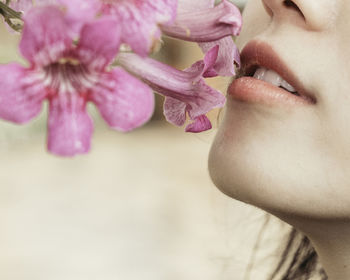 Cropped image of woman smelling flowers