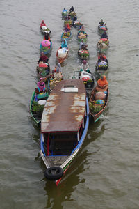 High angle view of boats in sea