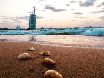 Pebbles on beach against sky during sunset