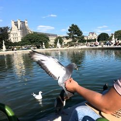 People enjoying at river in city against sky