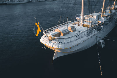 High angle view of sailboats moored in sea