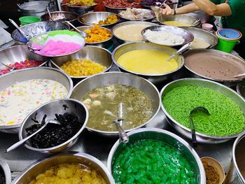 High angle view of various food on table