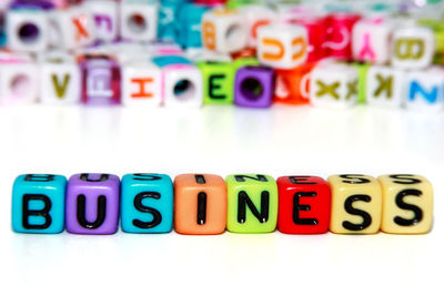 Close-up of business text on beads