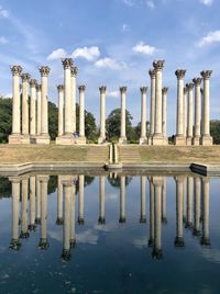 Reflection of columns on water in lake against sky