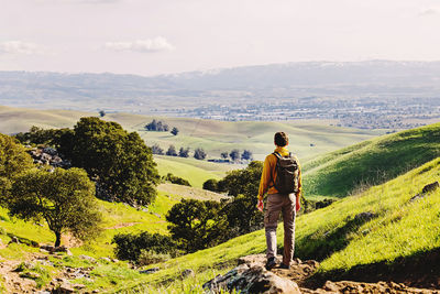 Rear view of man walking on mountain against sky