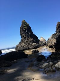 Rock formation on beach against clear blue sky