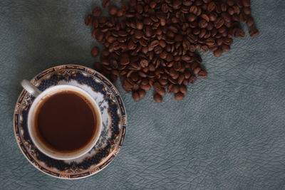 High angle view of coffee cup on table