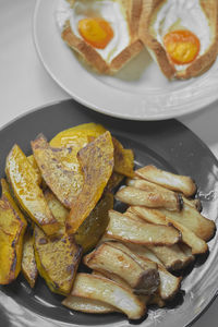 High angle view of breakfast served on table