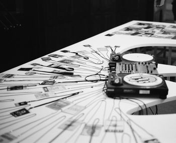 High angle view of piano on table