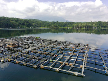 Aerial view of the lake with the floating fishnet