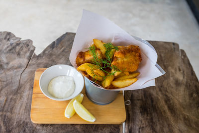 High angle view of food served on table