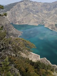 High angle view of lake and mountains