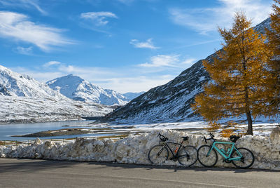 Cycling scene in winter in the italian alps