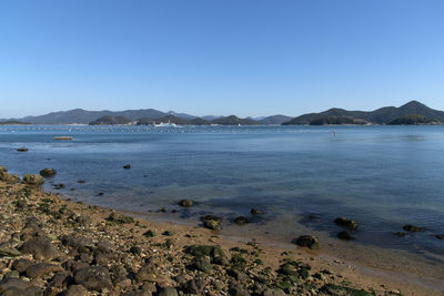 Scenic view of sea against clear blue sky