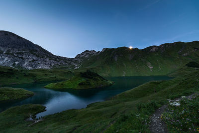 Scenic view of lake and mountains against sky