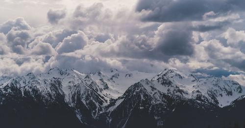 Panoramic view of snowcapped mountains against sky