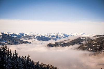 Scenic view of snowcapped mountains against sky