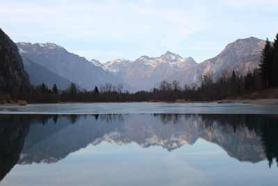 Scenic view of lake and mountains against sky