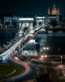 High angle view of chain bridge over danube river at night