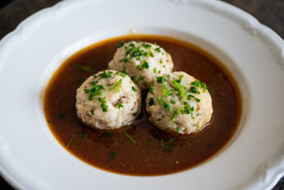 High angle view of soup in bowl on table