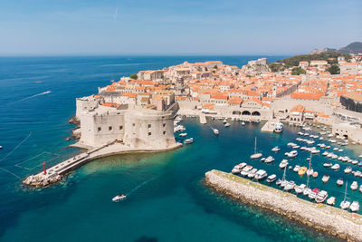 High angle view of buildings in sea