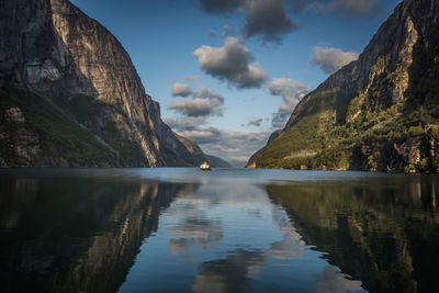 Scenic view of fjord and mountains against sky
