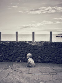 Rear view of man sitting on stone wall by sea against sky