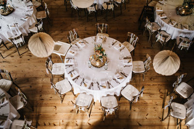 High angle view of objects on table