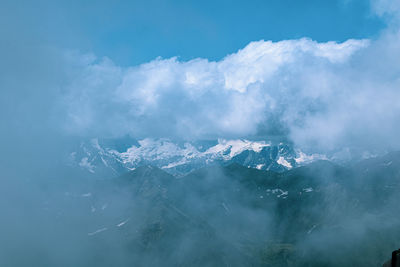 Aerial view of snowcapped mountains against sky