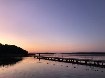 Scenic view of lake against clear sky during sunset