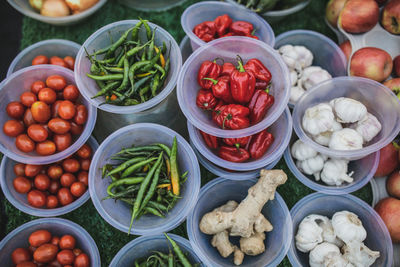 High angle view of fruits for sale at market stall