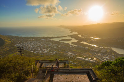 High angle view of sea against sky during sunset