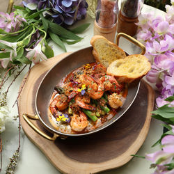 High angle view of food in plate on table