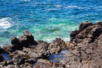 High angle view of rocks on beach