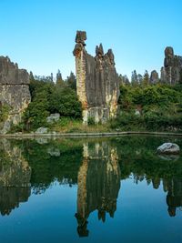 Reflection of trees in lake against clear blue sky