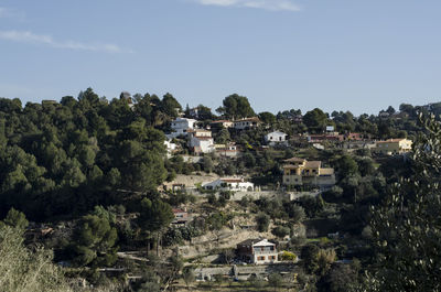 Houses in town against clear sky