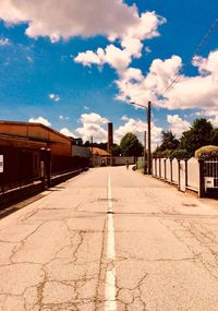 Empty street by buildings against sky