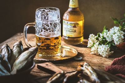 Close-up of beer glass on table