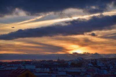 High angle view of townscape against sky during sunset