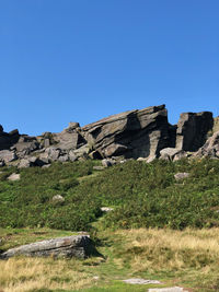 Built structure on land against clear blue sky