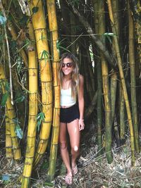 Portrait of smiling young woman standing on tree trunk in forest