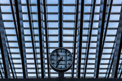 Low angle view of clock on ceiling