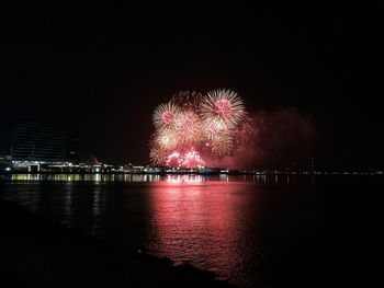 Firework display over river against sky at night