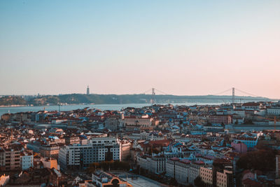 High angle view of townscape against sky during sunset