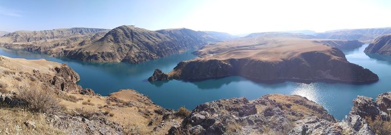 Panoramic view of lake and mountains against clear sky